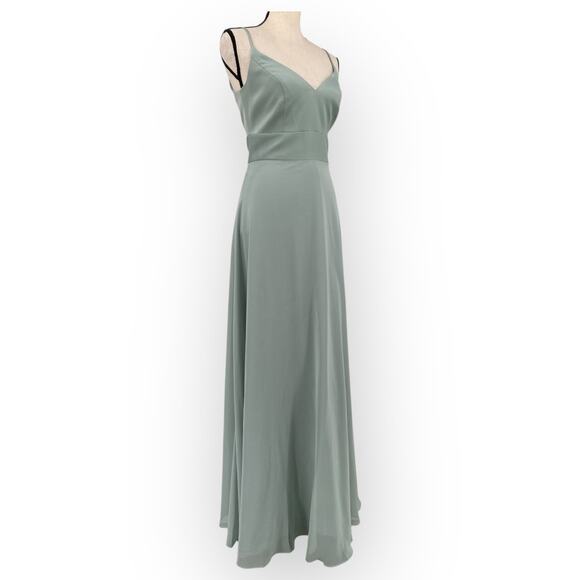 David's Bridal Spaghetti Strap Crepe-Back Satin Dress in Dusty Sage - Picture 4 of 13